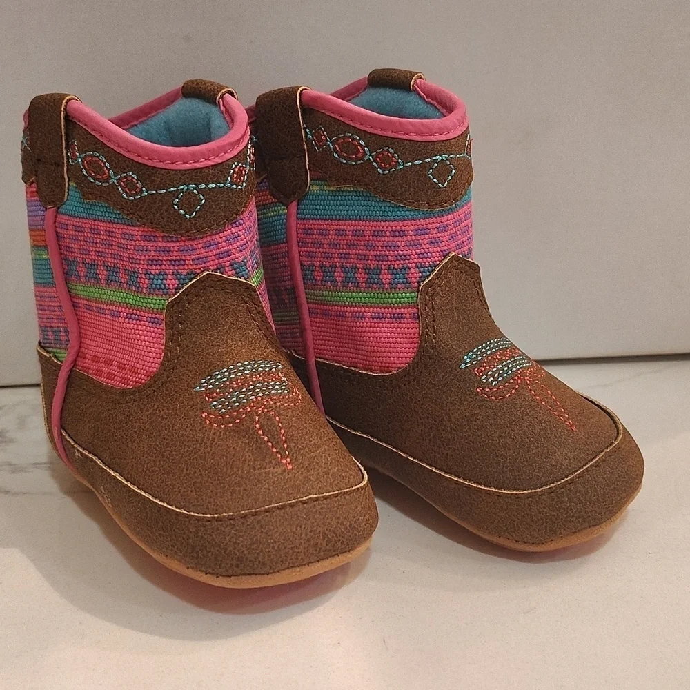 Twister Cowboy Boots Infant Baby Western Cowgirl Fabric Brown Pink